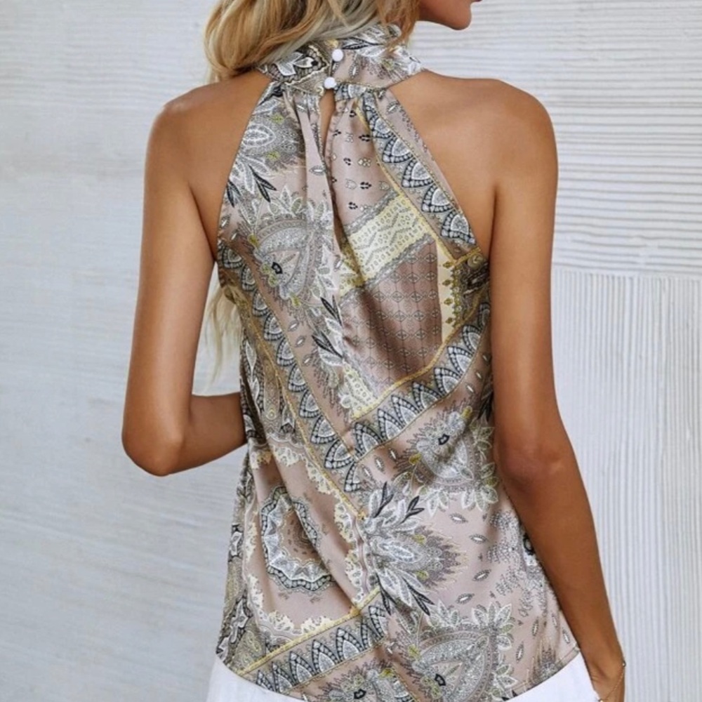 Bohemian Cream Floral Paisley Print Halter Tank Top - Picture 6 of 6